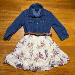Girls Lily Denim Top Blue and Cream Floral Tiered Dress with Brown Belt